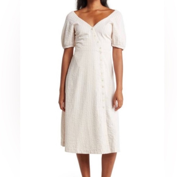 Madewell Women’s Midi Dress Seersucker Vneck puff sleeves front buttons … - Picture 1 of 14